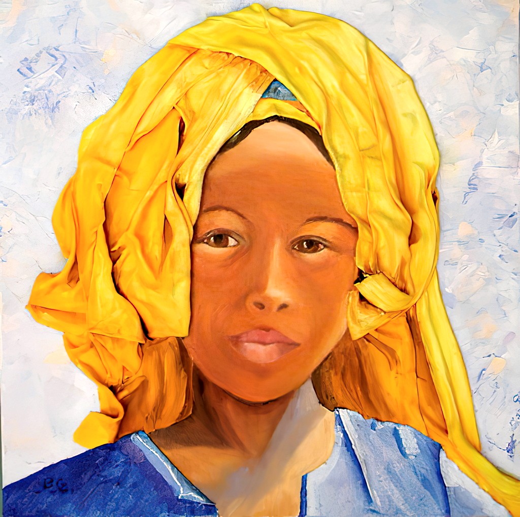 2003 05-Leila.jpg - Année 2003 - 40 x 40 cm  Tissu collé, huile au pinceau et au couteau sur toile