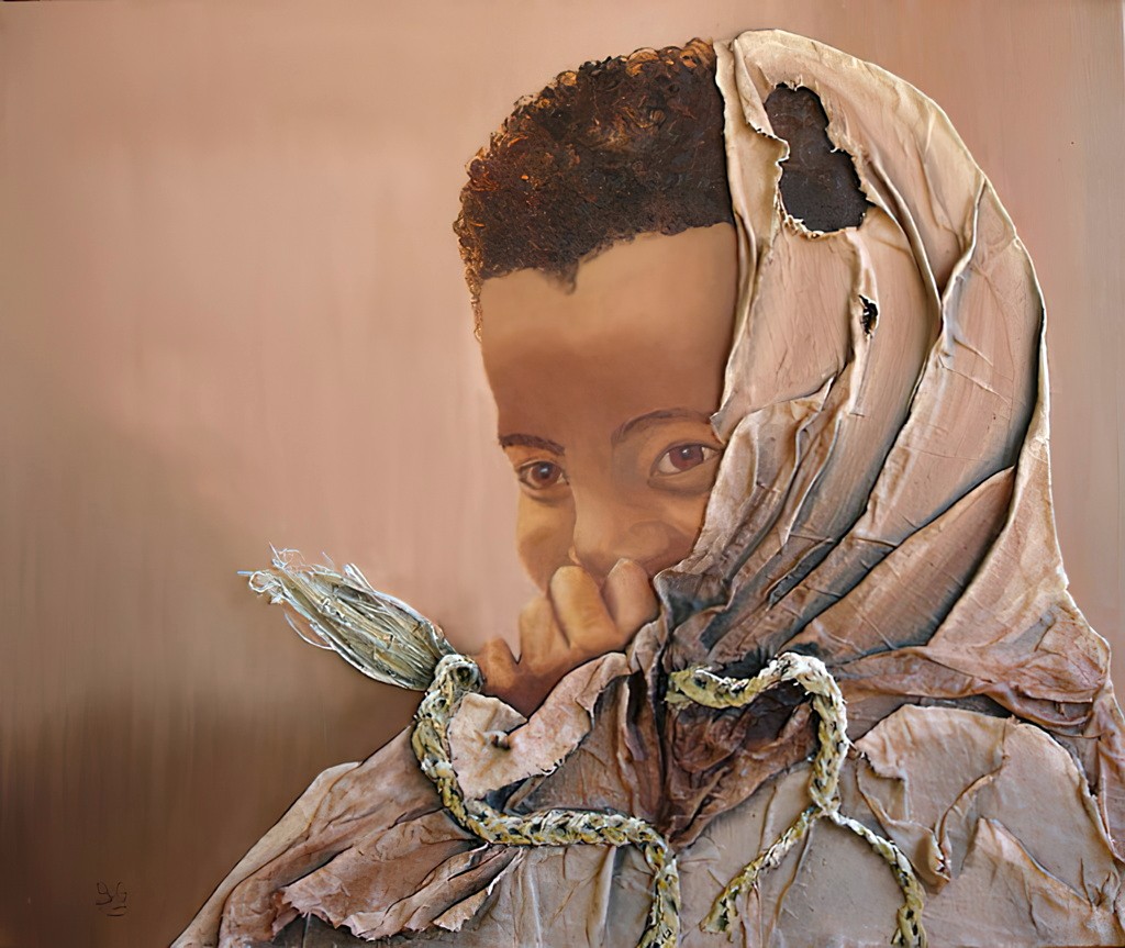 2004 02-Balita.jpg - Année 2004 - 65 x 54 cm  Tissu collé, huileau pinceau et au couteau sur toile