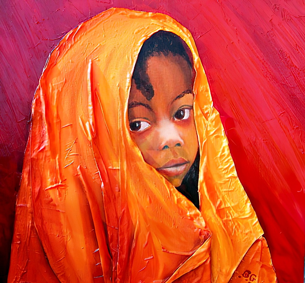 2004 08-Zanaka.jpg - Année 2004 - 40 x 40 cm  Tissu collé, huile au pinceau et au couteau sur toile