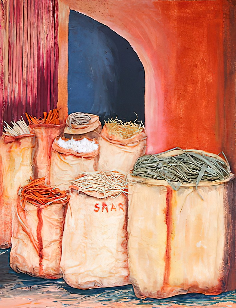 2004 07-Soko.jpg - Année 2004 - 90 x 70 cm  Tissu, sable, rafia collés, huile au couteau et au pinceau sur toile