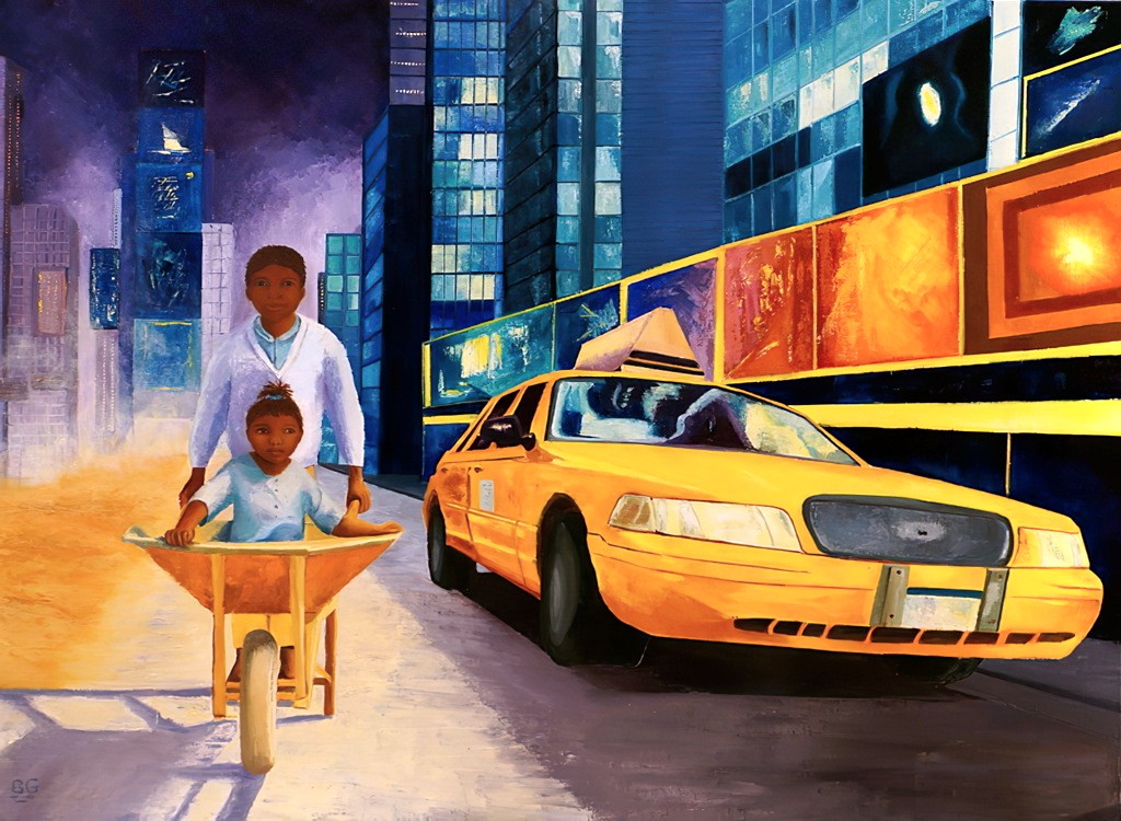 2013 04-Taxi brouette.jpg - Année 2013 - 80 x 60 cm  Huile au pinceau et couteau sur toile